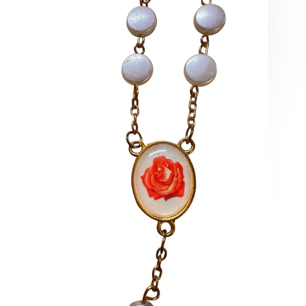 Vtg Rosary Cross Necklace & Bracelet NRI Faux Pearl Gold Tone Italy Religious. - Picture 8 of 11